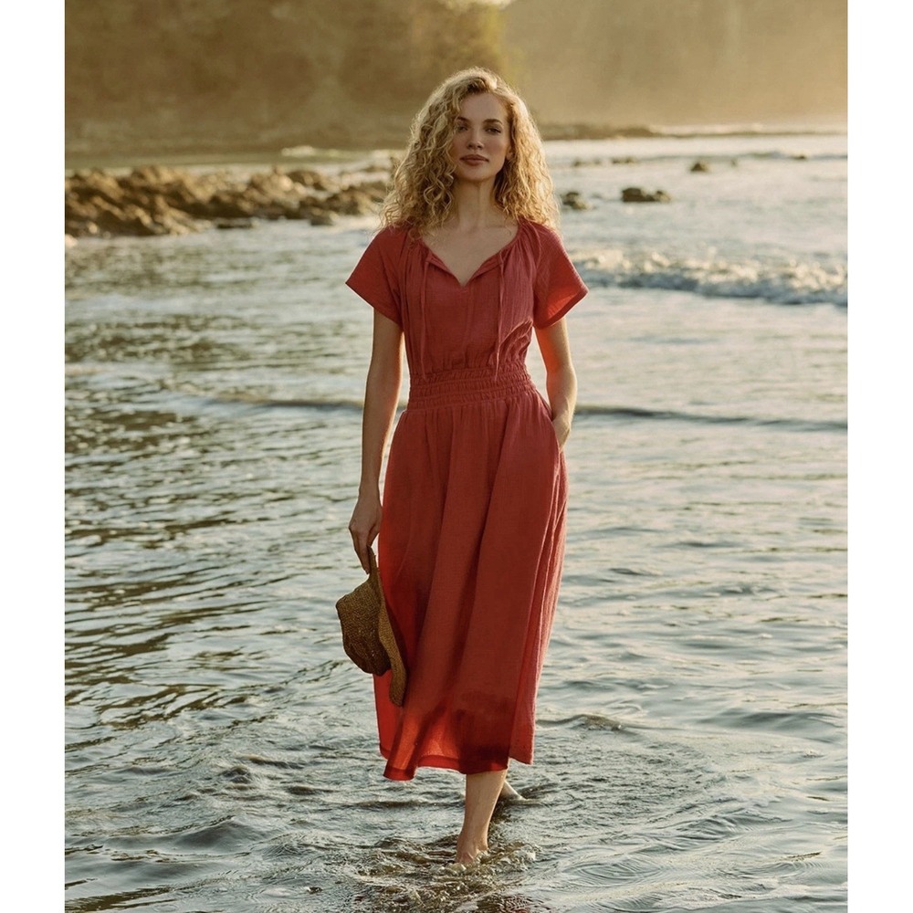 Pact Coastal Double Gauze Boho Coral Midi Dress Sz XL Organic Cotton Beachy - Picture 16 of 16